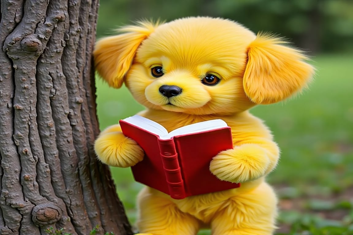 a yellow puppy  standing  reading  book 
pose 2 hands  holding  book, lean to  tree
