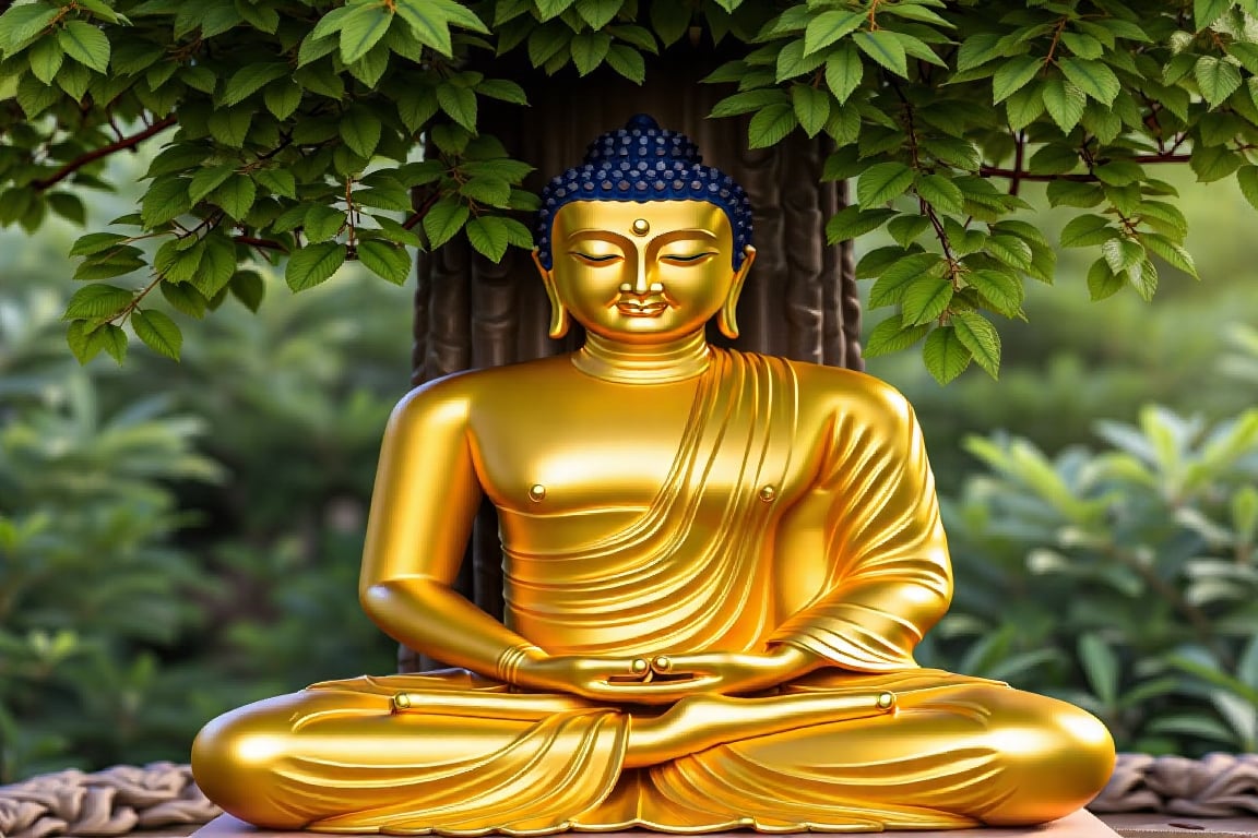 A realistic image of a golden Buddha sitting beneath the Bodhi tree, with a serene expression on his face. The golden hue of the Buddha's body is contrasted by the lush green leaves of the Bodhi tree. The image is rendered in a classical style, with attention to detail and texture. The resolution is high, with a focus on capturing the intricate details of the Buddha's robes and the leaves of the tree.