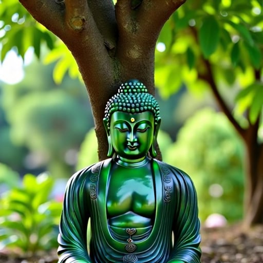 a green sapphire Buddha sitting beneath a bohdi tree with serene expression 