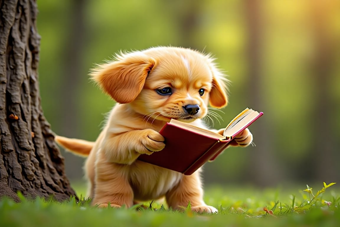 a yellow puppy  standing  reading  book 
pose 2 hands  holding  book, lean to  tree
