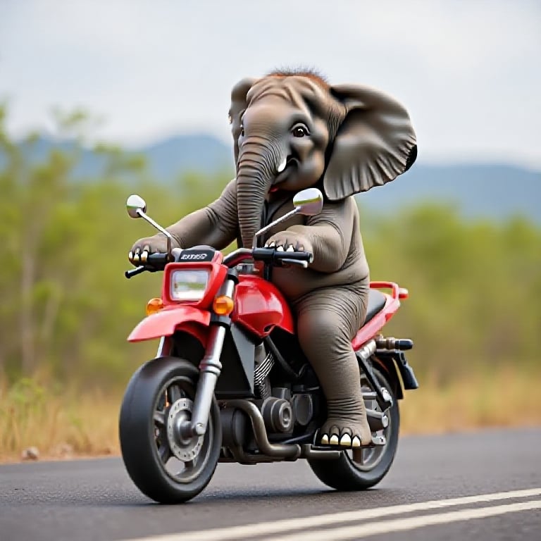 a little  elephant riding the motorbike 