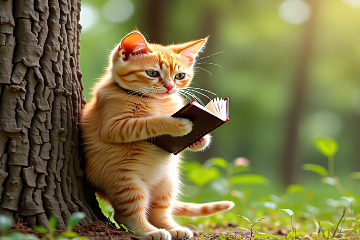 a yellow little cat standing  reading  book 
pose 2 hand holding  book, lean to  tree
