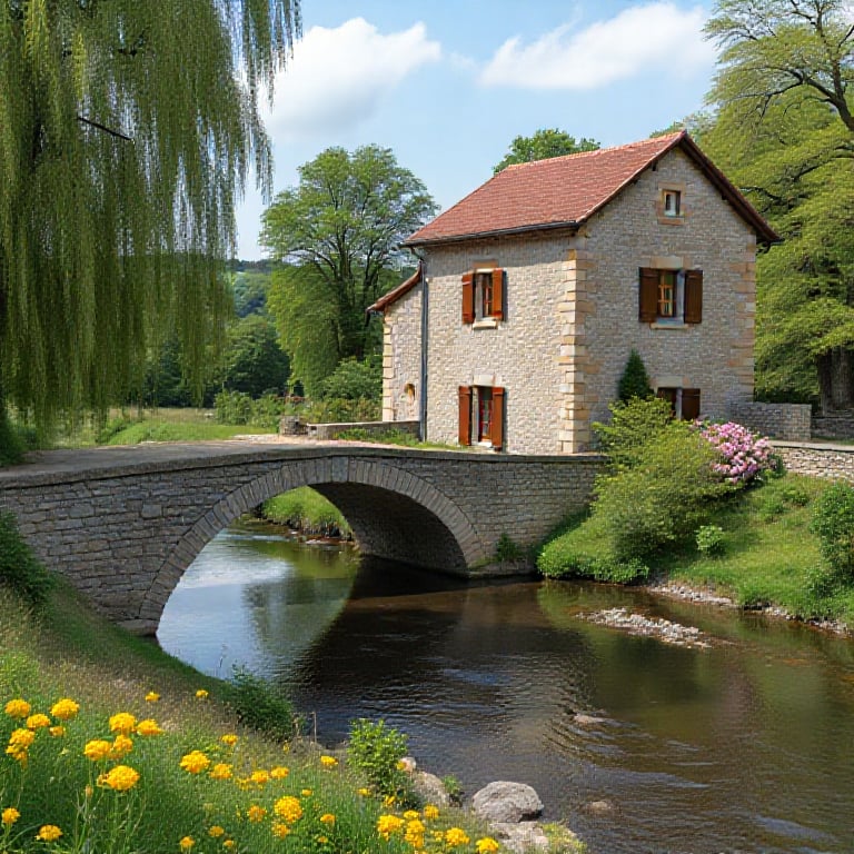 a stone house beside riverside
background  tree,flower 