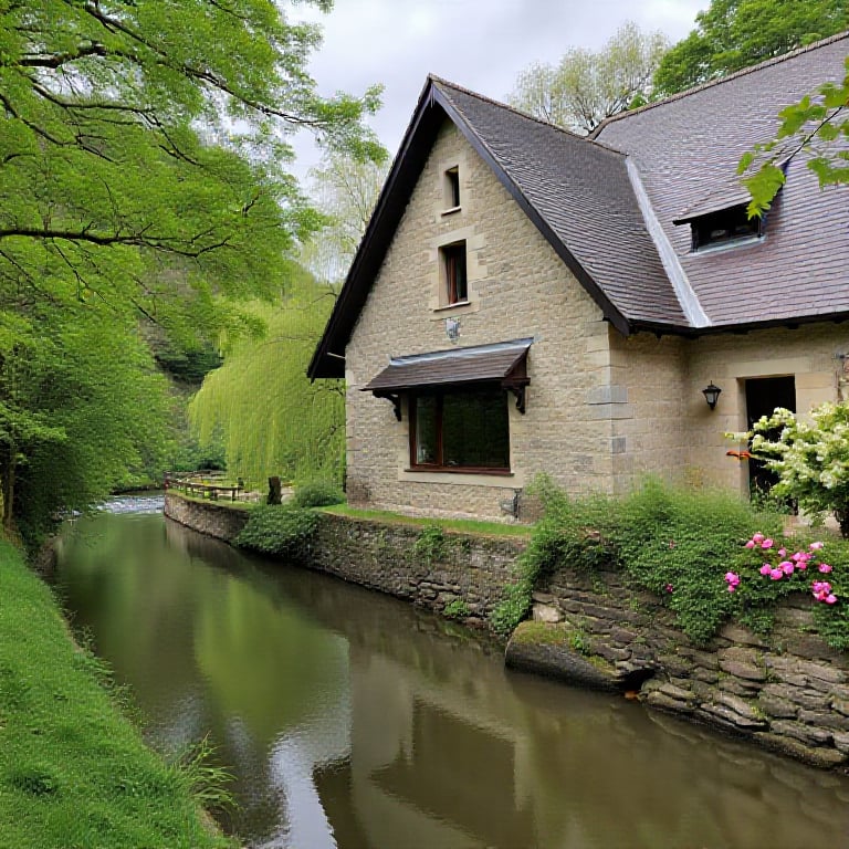 a stone house beside riverside
background  tree,flower 