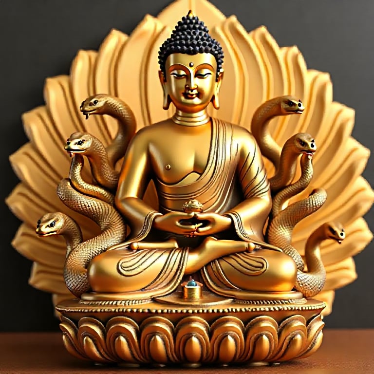 a gold Buddha  sitting on lotus flower 
background:7 snakes at the back of Buddha 