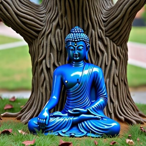 a blue sapphire Buddha sitting beneath a bohdi tree with serene expression ,full body, 