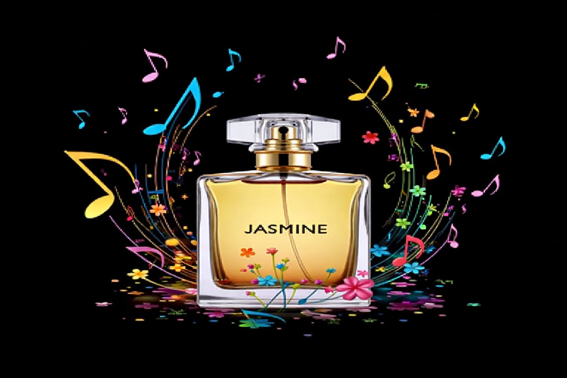 a perfume bottle  surrounded with colourful  music notes 
brand name Jasmine 
black  background 