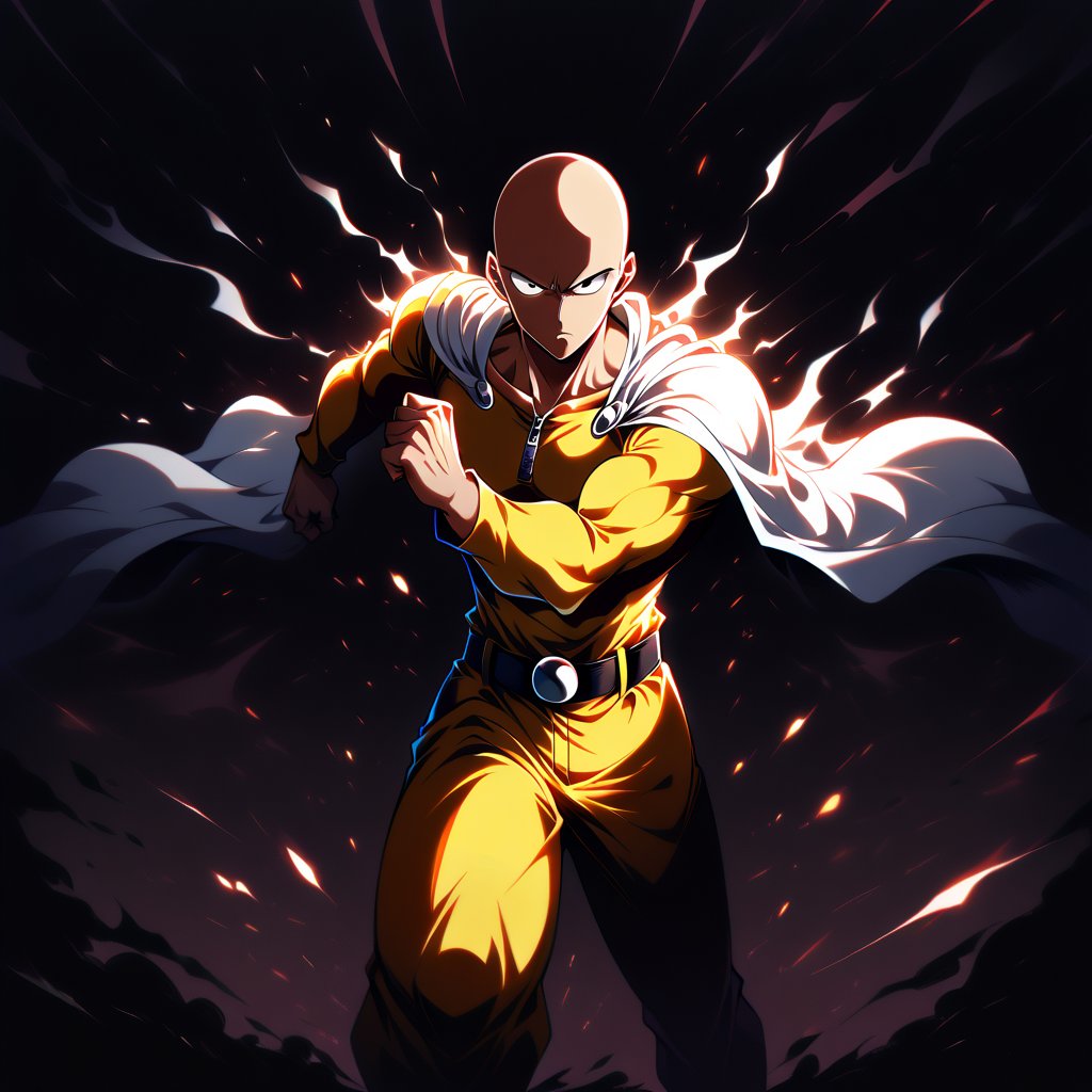 1 man, Saitama, solo, bald, standing, serious face, looking at viewer, black eyes, yellow suit, white cape, zipper, belt, dark background, dark hair, powerful pose, determined, hero pose, muscles, fist clenched, shadow, dramatic lighting, serious, one punch man, hero, strong, intense, japanese animation style