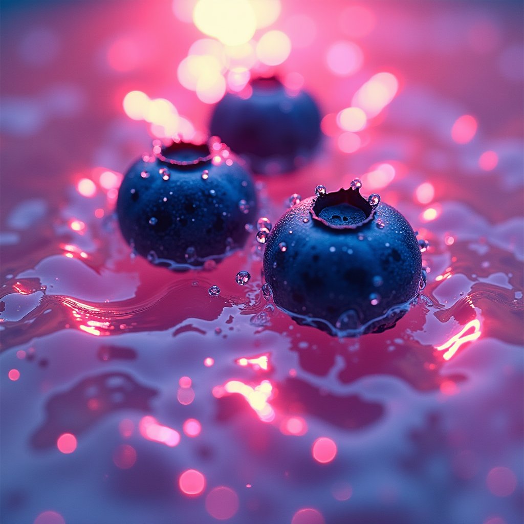 refreshing, vibrant glowing 3 blueberries, floating in the water, macro photography, dew drops, pink lighting, glitters in the water, refreshing , in the style of a product hero shot in motion, dynamic magazine ad image, photorealism, flowing water background, sunshine, sparkling in the water