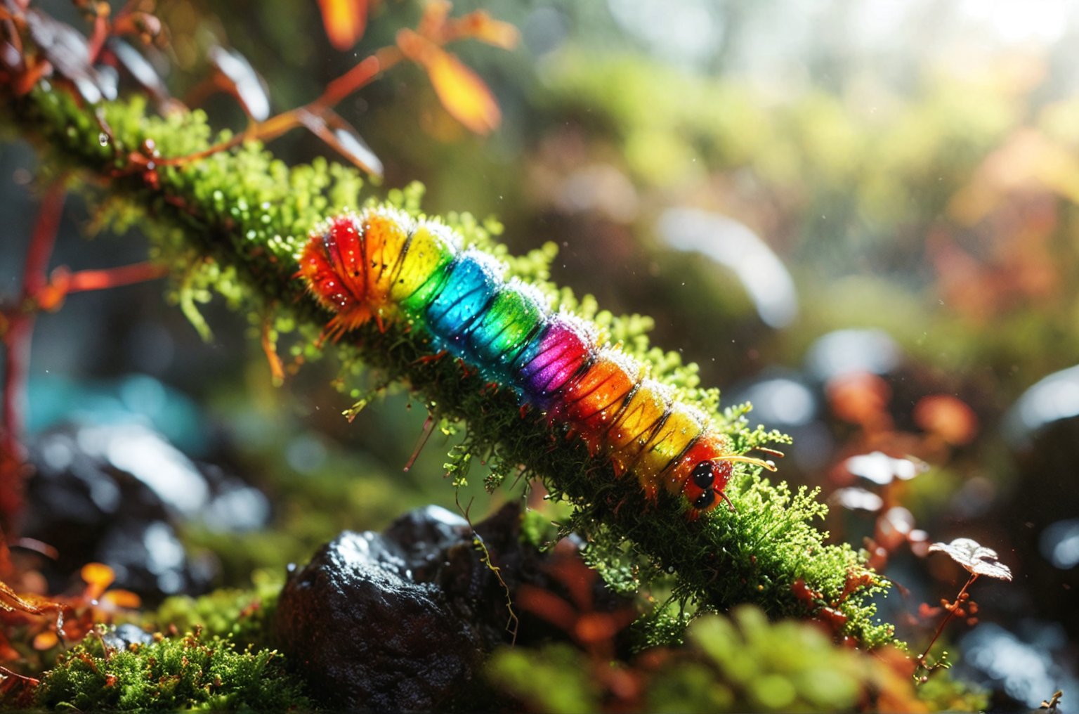  A photo of a rainbow colored caterpillar on a moss covered branch, backlit, translucent, glow hyper realistic, natural soft rim light, cinematic lighting, concept art by arti stincent