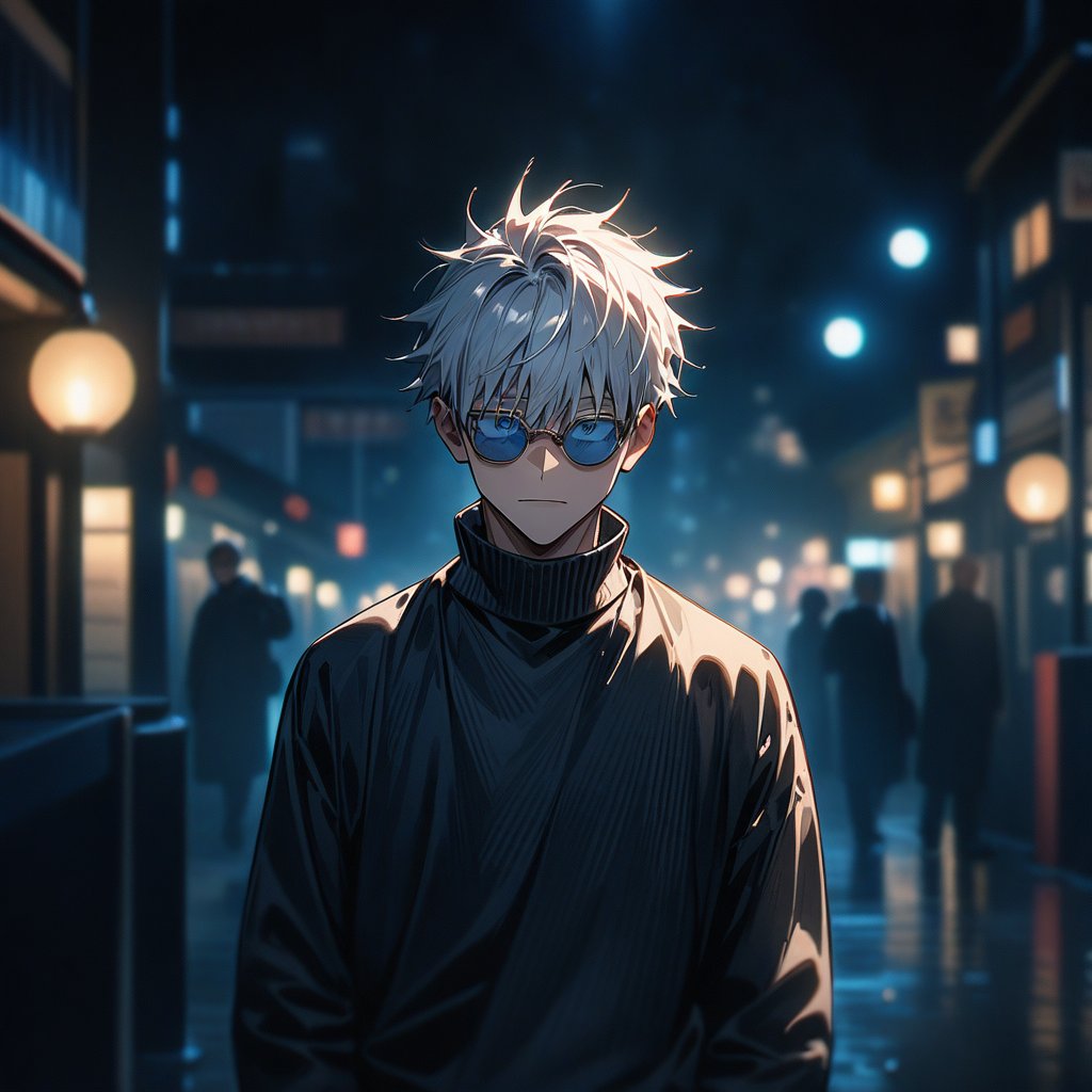 masterpiece, best quality, very aesthetic, absurdres, cinematic still, emotional, harmonious, vignette, highly detailed, high budget, bokeh, cinemascope, moody, epic, gorgeous, film grain, grainy, 1boy , Satoru Gojou , Jujutsu Kaisen anime, wearing a black turtleneck sweater and sunglasses, White hair, blue eyes, He has a confident expression on his face