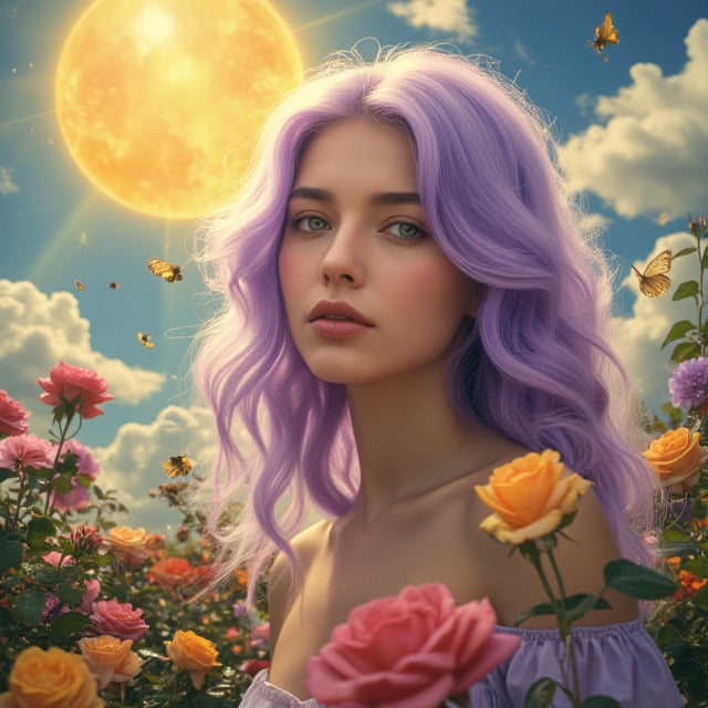 A lavender wavy haired beautiful witch with green eyes standing under a large sun.  In a multicolored rose garden  Butterflies and bees everywhere.