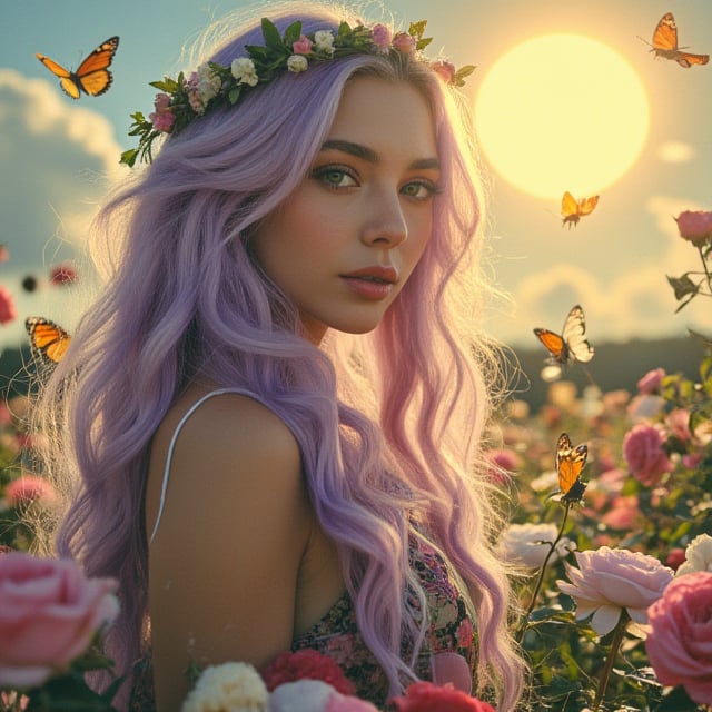 A lavender wavy haired beautiful witch with green eyes standing under a large sun.  In a multicolored rose garden  Butterflies and bees everywhere.