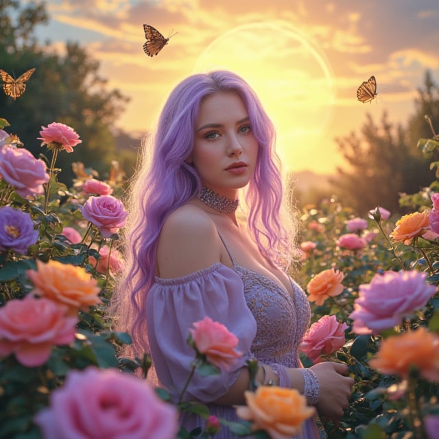 A lavender wavy haired beautiful witch with green eyes standing under a large sun.  In a multicolored rose garden  Butterflies and bees everywhere.