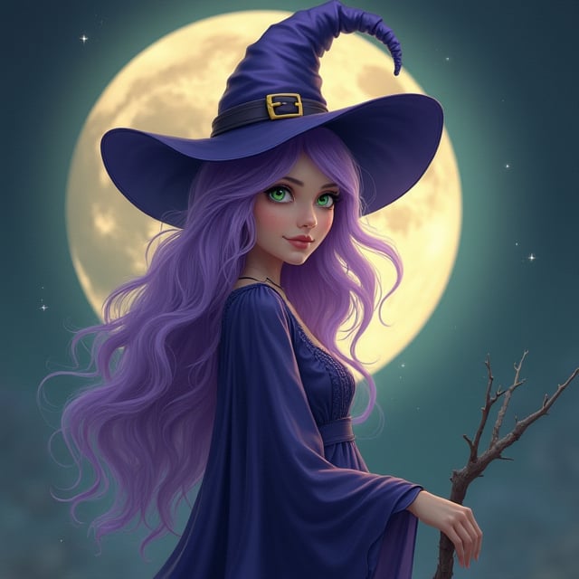 A lavender wavy haired beautiful witch with green eyes standing under a large fullmoon.