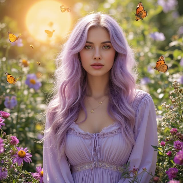 A lavender wavy haired beautiful witch with green eyes standing under a large sun a garden of flowers and herbs.  Butterflies and bees everywhere.