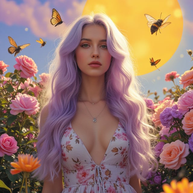 A lavender wavy haired beautiful witch with green eyes standing under a large sun.  In a multicolored rose garden  Butterflies and bees everywhere.