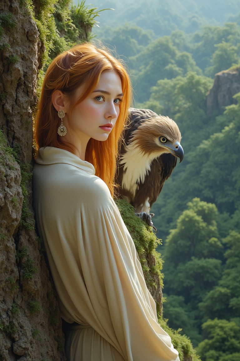 A young woman with vibrant orange-blond locks framing her porcelain skin, perches on a windswept cliffside, her unblemished features gazing directly at the viewer with an air of vulnerability. The regal eagle beside her gazes back, its piercing eyes matching the observer's, against the lush forest's emerald hues and intricate textures.