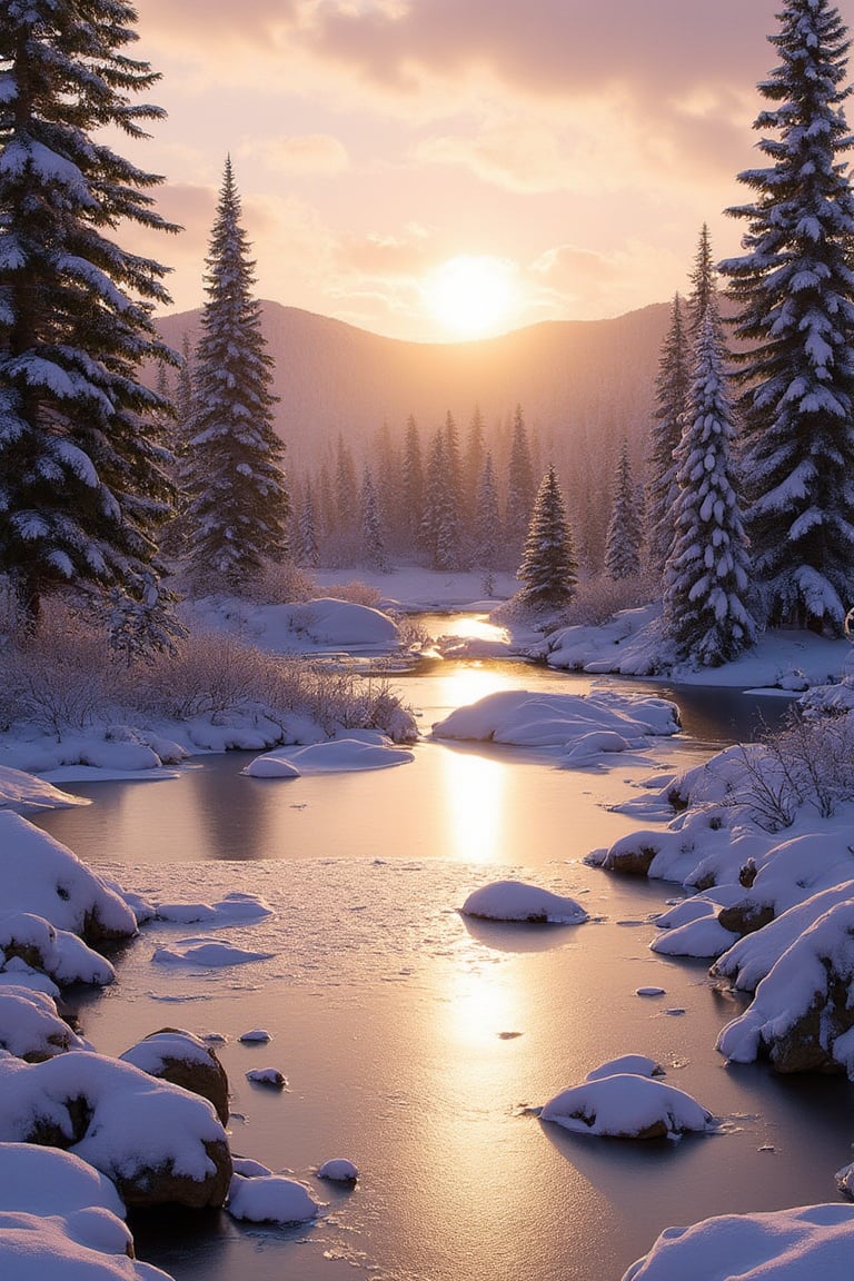 LANDSCAPE, A tranquil winter wonderland scene: The iconic German tourist attraction, the Devil's Bridge, stands majestically against a picturesque backdrop of snow-covered trees. In the foreground, a vibrant ice rink sparkles in warm golden light as the sun sets behind it, casting long shadows. Snowflakes fall in real time, and tiny ice crystals sparkle in the accumulated snowdrifts. The tranquil atmosphere is perfectly reflected in the glassy surface of the frozen pond.