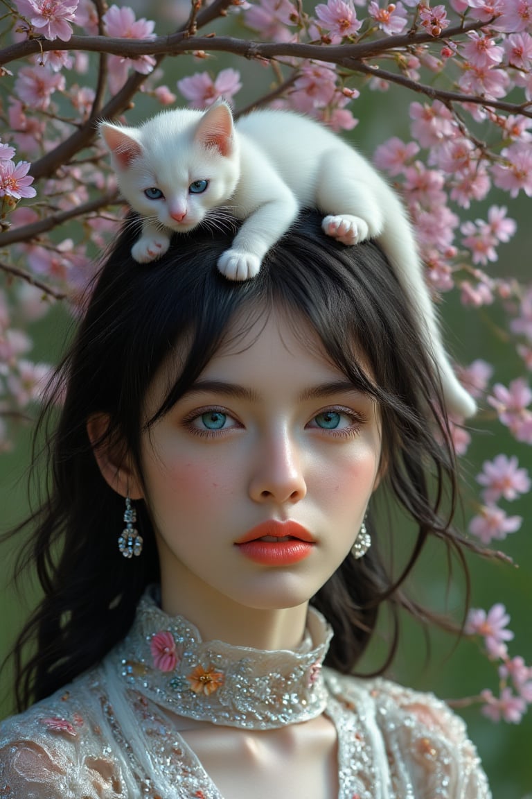 (Cinematic Masterpiece Highly Detailed Expression:1.2), A stunning realistic Danish girl with a voluminous head of hair, long wavy hair, black hair, funky hairstyle, and a sparkling diamond jewel decoration on a floral lace choker sits alone under a cherry tree. Her heterochromia eyes, striking blue-gray gaze are turned towards the camera, a happy smile spreads across her smiling eyes, pursed plump orange lips and freckled face, a playful white cat sits on her head, adding whimsy to the serene beauty of the portrait. Surrounded by lush greenery and a soft-focus background, she exudes confidence in a dynamic pose illuminated by studio lighting, and boasts breathtaking 4K or 16K resolution, HDR and UHD quality.