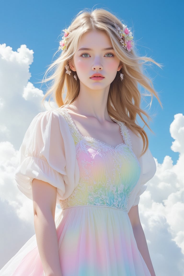 A serene and surreal landscape: a Finnish girl stands tall on a wispy white cloud, bathed in soft studio lighting. Her gradient rainbow dress, patterned with lotus blooms, shimmers in vivid colors. The spotlight highlights her dynamic pose, showcasing delicate eyes with long eyelashes, symmetrical features framed by blonde curly hair. A small lotus hairpin adorns her left ear, and a jewelry ornament on her head draws attention to her flawless face. Close-up, the camera captures every detail of her stunning visage against a brilliant blue sky.