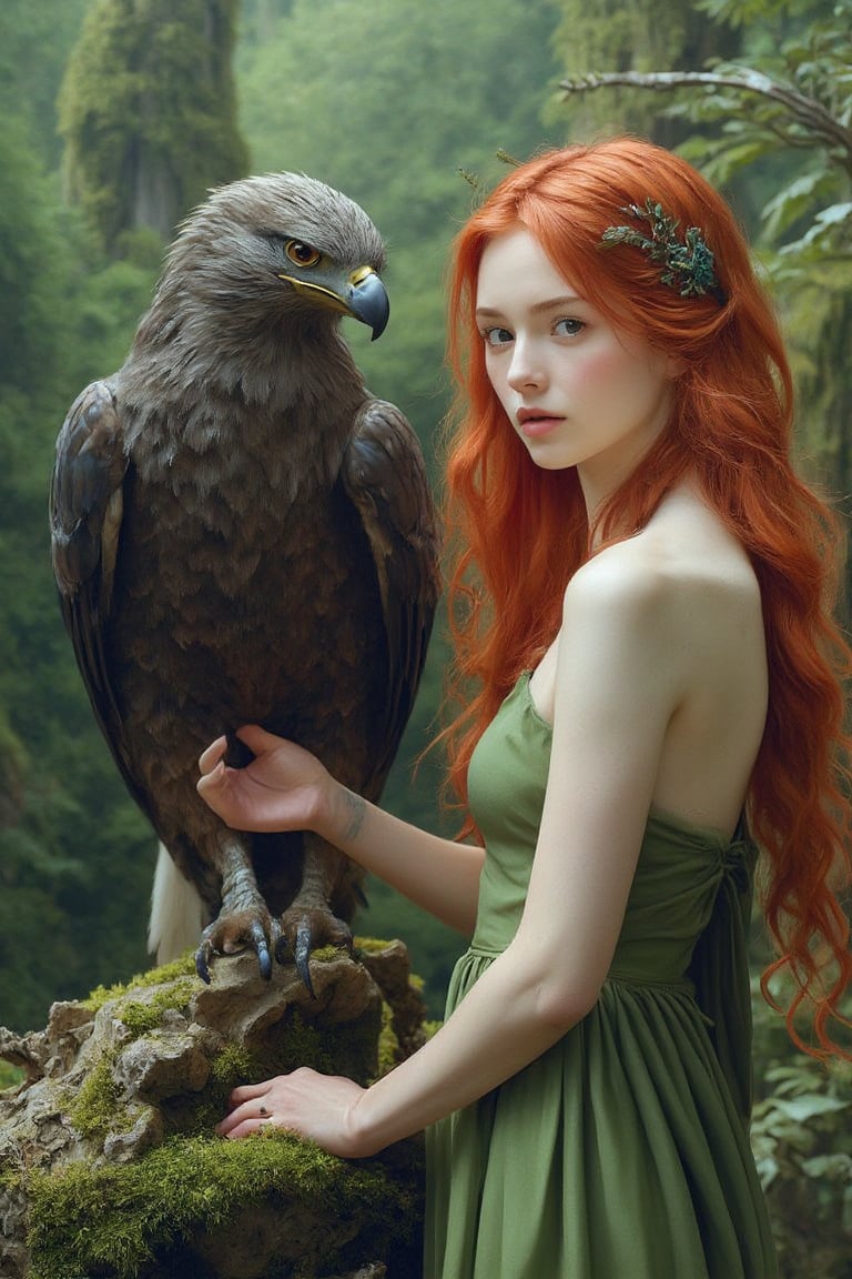 A majestic young woman with vibrant orange-blond locks and porcelain skin perches on a windswept cliff, her unblemished features gazing directly at the viewer with an air of vulnerability. Beside her, a regal eagle's piercing gaze meets the observer's, its feathers rendered in exquisite detail. The lush forest's emerald hues and intricate textures unfold before the viewer, transporting them to a breathtaking fantasy realm.