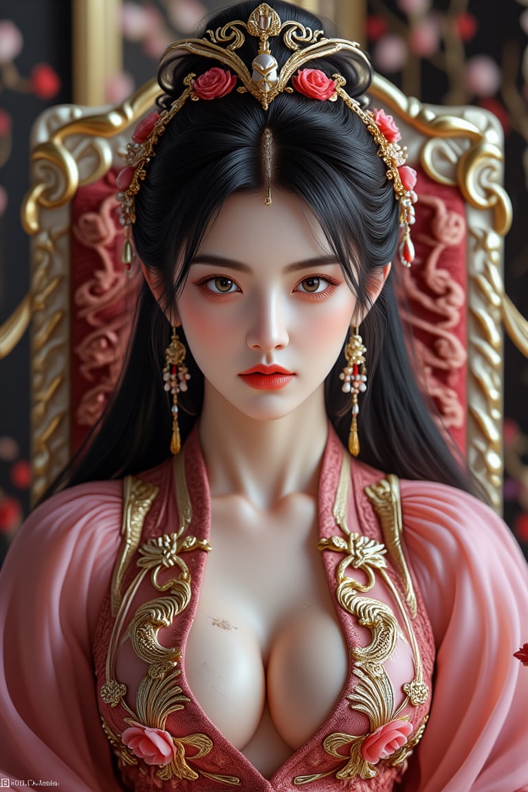 A female warrior sits on a throne in a banquet hall, with an unknown expression on her face. Her straight black long hair, detailed skin and red eye shadow stand out. A scar on her left cheek, her large eyes are vividly depicted with realistic blue pupils. The photo, with dramatic lighting and particle effects that seem to have been taken with a DSLR camera, is smooth, glossy and detailed enough to be described as one of the most beautiful works of art in the world. The muscular, large and ornate headdress of the epic and heroic fantasy details the hero's position and dignity, and the dragon tattoo that extends to her neck and shoulder is a characteristic of the fantastic location and the majestic and chaotic environment. The full body 8k Unity rendering and action shot shows the pores of the skin in detail, and features very dark lighting and deep shadows. The dress, which emphasizes the elegance of the combination of pink and gold, gives a complex and decadent feeling. Completed with digital painting and Octane rendering, this concept art can be found on Artstation, and the smooth, sharply focused illustration boasts top quality with the use of global lighting, studio lighting, and volumetric lighting to add rain and floating particle effects. The highly detailed and delicate details make this piece stand out even more.,Top quality, very detailed and delicate details description:1.2,