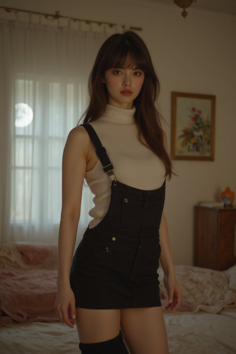 Reflected light, cinematic lighting, (Eroticism: 1.3), 1 person, female, perfectly symmetrical facial features, young 20s, mysterious beauty, delicate features, light brown hair, straight long hair, flowing hairstyle, (Parting, bangs: 1.45), dynamic pose, (white turtleneck sleeveless knit sweater, bodycon cargo miniskirt), long boots, full moon night, bedroom, soft focus, airy photo, artstation trend, (full body portrait, full body esbian), ultra HD ultra high definition, realistic cinematic panorama,Enhanced all