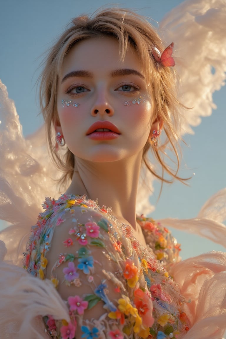 A serene and surreal landscape: a Finnish girl stands tall on a thin white cloud, illuminated by soft studio lighting. A gradient rainbow dress in a floral fashion accentuates her mature figure. Against a backdrop of a sunset-tinted blue sky in red and gold, a spotlight highlights her dynamic pose, revealing delicate eyes with long eyelashes and symmetrical features framed by blond curls. A small butterfly-patterned hairpin adorns her left ear, and a jewel in her hair focuses attention on her flawless face. In close-up, the camera captures every detail of her stunning face in soft light.