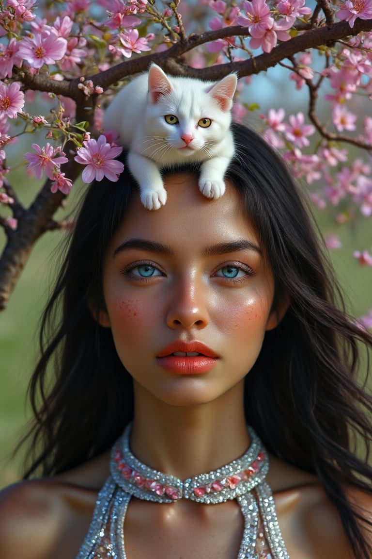 (Cinematic Masterpiece Highly Detailed Expression:1.2), A stunning realistic African girl with voluminous hair, long wavy hair, black hair, funky hairstyle, and sparkling diamond jewel decoration on floral lace choker sits alone under a cherry tree. Her heterochromia eyes, striking blue-gray gaze look into the camera, a happy smile spreads across her smiling eyes, pursed plump orange lips and freckled face, a playful white cat sits on her head, adding whimsy to the serene beauty of the portrait. Surrounded by lush greenery and soft focus background, she exudes confidence in a dynamic pose illuminated by studio lights, and boasts breathtaking 4K or 16K resolution, HDR and UHD quality.