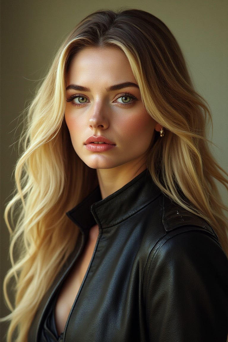 Full body, beautiful woman with long blonde hair, green eyes and sensuous appearance, wearing black leather jacket, he is staring at the viewer with a blushing expression., in a dreamy place, surreal environment, (best quality, 16,000, masterpiece:1.2), highly detailed, (realistic:1.37), surreal, highly detailed eyes and face, highly detailed skin, long eyelashes, beautiful and delicate lips, detailed nose is quite pretty., high contrast lighting, atmospheric lighting, dramatic lighting, vivid colors, warm color palette, glowing skin, volumetric lighting, depth of field, cinematic composition