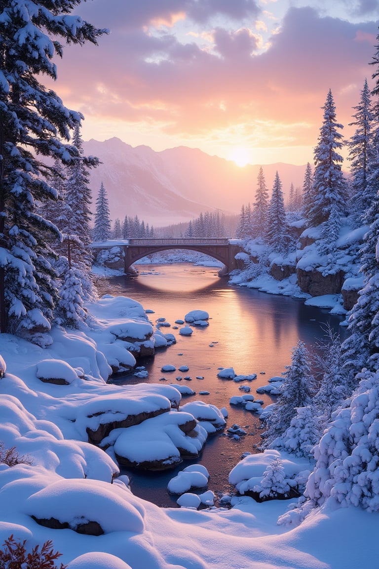 LANDSCAPE, Tourist attractions in Germany called Devil's Bridge, ice rink, real-time falling snow, sunset, reflections, piled snow,