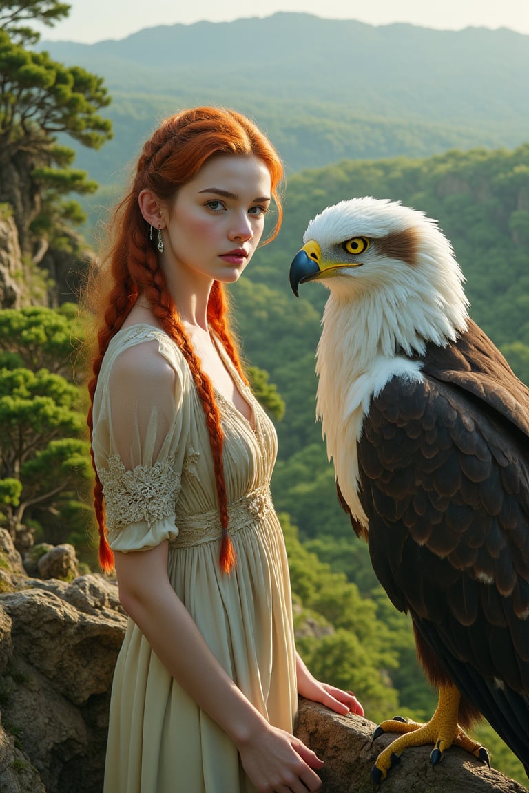 A young woman with vibrant orange-blond locks framing her porcelain skin, perches on a windswept cliffside, her unblemished features gazing directly at the viewer with an air of vulnerability. The regal eagle beside her gazes back, its piercing eyes matching the observer's, against the lush forest's emerald hues and intricate textures.