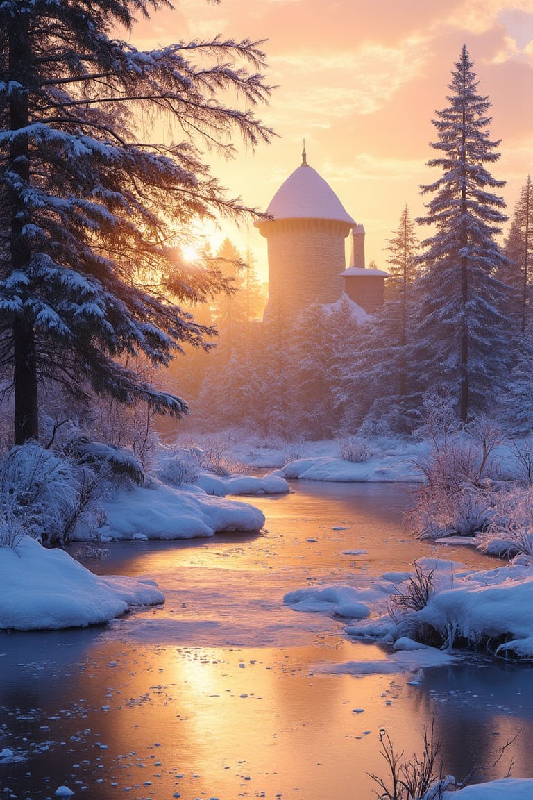 A tranquil winter wonderland scene: The iconic German tourist attraction, the Devil's Bridge, stands majestically against a picturesque backdrop of snow-covered trees. In the foreground, a vibrant ice rink sparkles in warm golden light as the sun sets behind it, casting long shadows. Snowflakes fall in real time, and tiny ice crystals sparkle in the accumulated snowdrifts. The tranquil atmosphere is perfectly reflected in the glassy surface of the frozen pond.