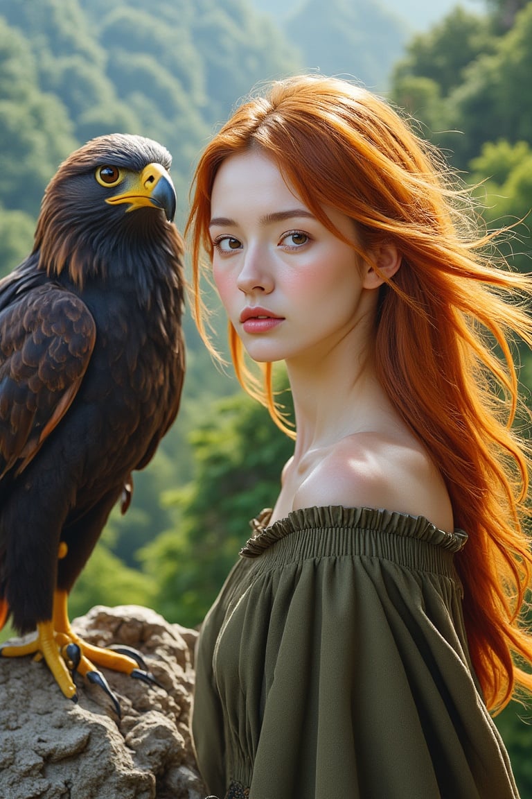 A majestic young woman with vibrant orange-blond locks cascading down her porcelain skin as she perches on a windswept cliffside, her unblemished features gazing directly at the viewer with an air of vulnerability. The regal eagle's piercing gaze beside her matches the observer's, its feathers rendered in exquisite detail against the lush forest's emerald hues and intricate textures.