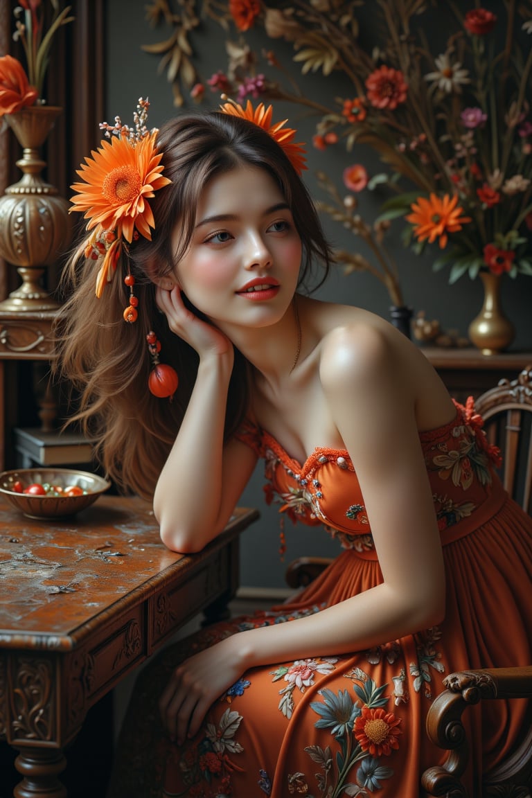 (Masterpiece), (Best Quality), Fantasy, Highly Detailed, Intricate, Highly Detailed, Illustration, Soft Lighting, One Woman, Orange Hair Flower, Dress, Bending Over and Smiling With Teeth, (Perfect Face), Seat, Desk, Ornate, Intricate, Dramatic Lighting, Detailed Background, Corrosive Material, Full Body, Digital Illustration,