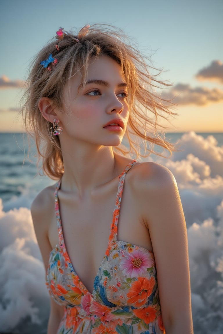 A serene and surreal landscape: a Finnish girl stands tall on a thin white cloud, illuminated by soft studio lighting. A gradient rainbow dress in a floral fashion accentuates her mature figure. Against a backdrop of a sunset-tinted blue sky in red and gold, a spotlight highlights her dynamic pose, revealing delicate eyes with long eyelashes and symmetrical features framed by blond curls. A small butterfly-patterned hairpin adorns her left ear, and a jewel in her hair focuses attention on her flawless face. In close-up, the camera captures every detail of her stunning face in soft light.