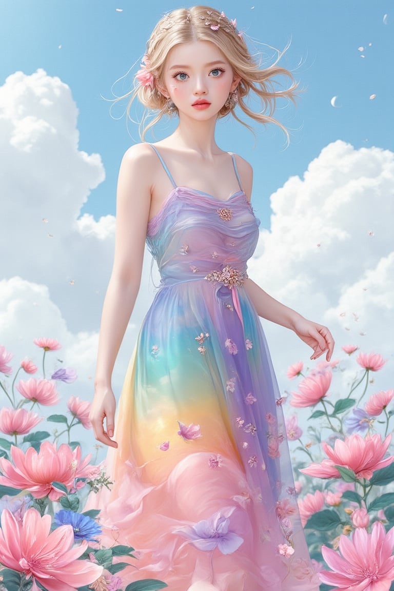 (realistic texture, masterpiece, realistic illustration, illustration) Rich in detail and beautifully touching, (Artwork, Best Quality, Surreal Illustration, Highly Detailed), Surrealism, One Finnish girl walking on white clouds in blue sky, Spotlight on fashion model, (Wearing gradient rainbow color dress, Combination of dress and lotus, Highly Detailed), (Lotus pattern dress skirt: 1.4, Highly realistic, Dynamic pose standing in a dress with vivid colors), (Details of Finnish girl_Perfect symmetry, Beautiful facial features, Blonde curly hair, Small lotus hairpin next to left ear), Jewelry decoration on head, Simple line drawing, Artwork, Intricate details, Highly Detailed, Cowboy shot, (Beautiful and delicate eyes: 1.2), (Beautifully detailed lips: 1.2), Highly detailed face and eyes, Long eyelashes, (Realistic: 1.37), (Highest Quality, 4K, 8K, High Resolution, Artwork: 1.2), Highly detailed, (Vivid colors: 1.2), Soft studio lighting, Cinematic, Digital Concept art,