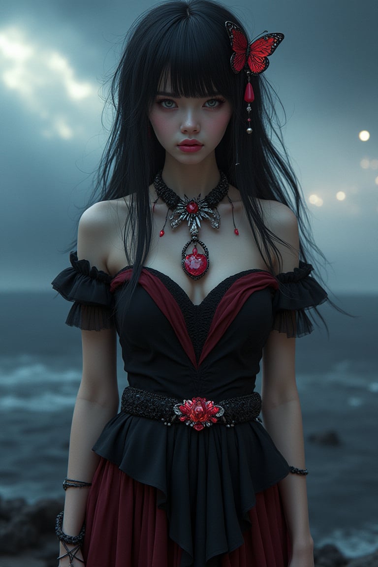 A stunning 8K resolution photograph capturing a mature girl with an expressionless face, set in a dark fantasy realm with cinematic lighting. Her long, messy black hair and bangs frame her forehead, contrasting with her piercing blue eyes and glossy pink lips. She wears a pure black short dress with dark red accents at the sleeves and skirt, complemented by an exquisite diamond belt and a hairpin featuring a red butterfly. Her figure is close to the golden ratio, accentuated by delicate hand shapes and a luxurious red and black crystal necklace. She stands out against a dramatic sky of dark clouds and flashes of light between white clouds, adding depth and atmosphere to the scene. The overall composition is intricate and detailed, showcasing lifelike textures and a splash art style that elevates the artwork to a masterpiece of the highest quality.