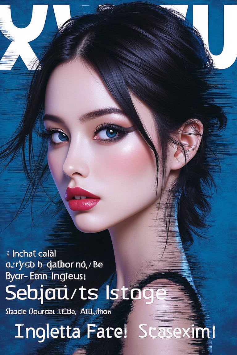 MAGAZINE COVER, (Magazine cover: 1.3), (Realistic: 1.3), (Original: 1.2), Masterpiece, Top quality, Beautiful and clean face, Young and beautiful perfect face woman, Egyptian origin, Blue collar eyes, Smokey eye makeup, Glitch art, (Digital distortion), Visual chaos, Modern aesthetic, Poster, Album cover, White letters with black strokes on blue background