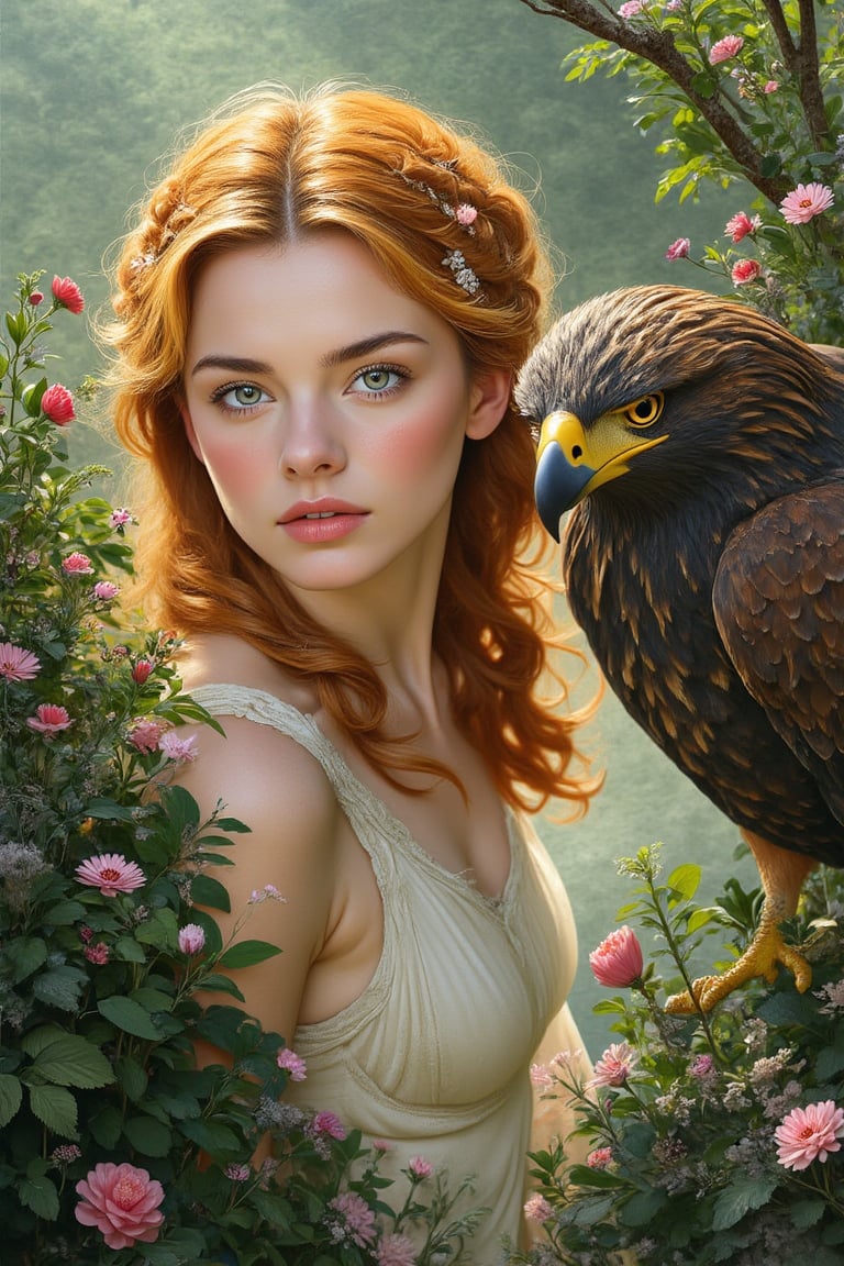 A majestic young woman with vibrant orange-blond locks and porcelain skin perches on a windswept cliff, her unblemished features gazing directly at the viewer with an air of vulnerability. Beside her, a regal eagle's piercing gaze meets the observer's, its feathers rendered in exquisite detail. The lush forest's emerald hues and intricate textures unfold before the viewer, transporting them to a breathtaking fantasy realm.