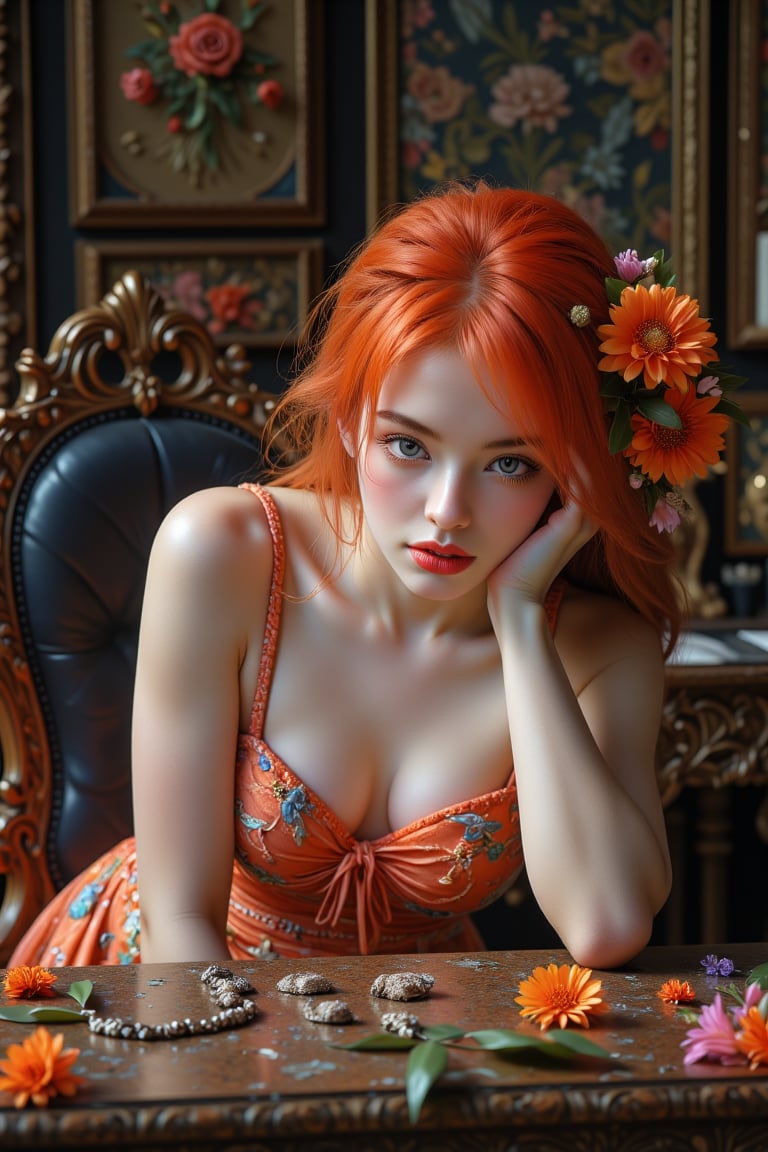 (Masterpiece), (Best Quality), Fantasy, Highly Detailed, Intricate, Highly Detailed, Illustration, Soft Lighting, One Woman, Orange Hair Flower, Dress, Bending Over and Smiling With Teeth, (Perfect Face), Seat, Desk, Ornate, Intricate, Dramatic Lighting, Detailed Background, Corrosive Material, Full Body, Digital Illustration,