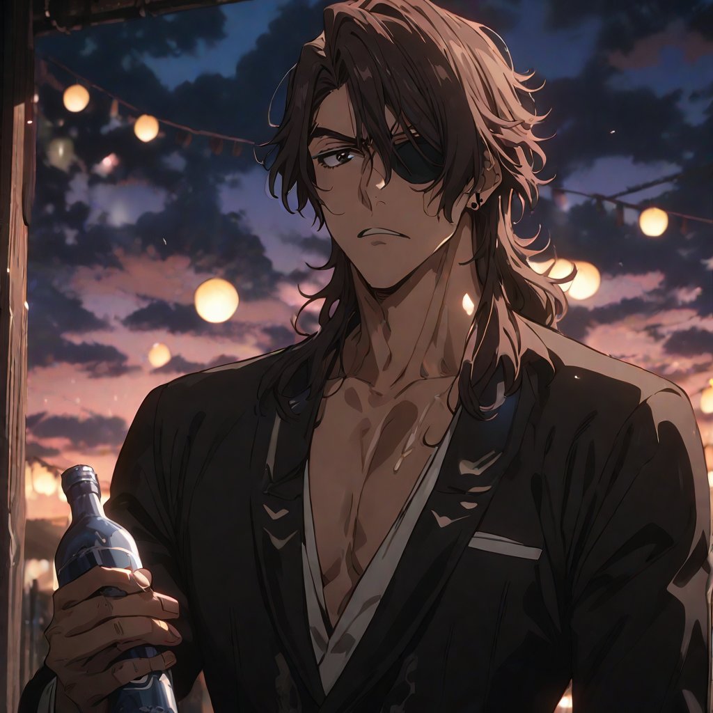 1boy, Aizen Sousuke,black eye patch, (bleach) , masterpiece, best quality, very aesthetic, absurdres, cinematic still, emotional, harmonious, vignette, highly detailed, high budget, bokeh, cinemascope, moody, epic, gorgeous, film grain, grainy, solo, head patche to one eye, cloud, bottle, sky, holding bottle, black suit, angry, sideburns, upper body, single earring, holding