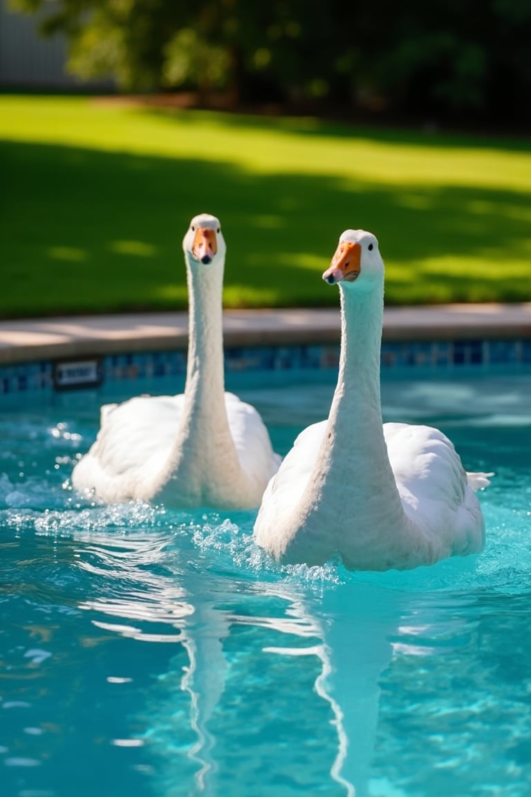 A serene summer afternoon setting: a lush green backyard with a sparkling blue swimming pool as the focal point. A pair of majestic White Roman Geese, their soft gray necks and feathers glistening, waddle and playfully splash around the water's edge. Sunlight casts a warm glow on the scene, highlighting the geese's gentle movements as they frolic together.