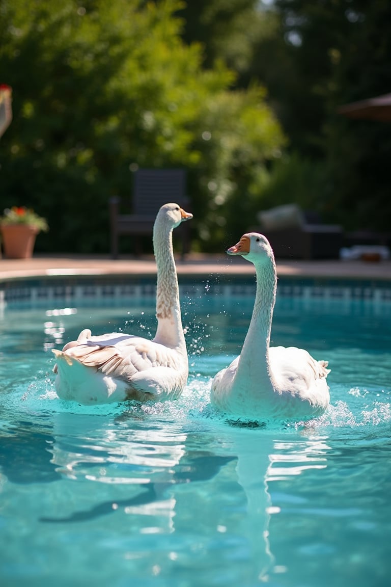 A serene summer afternoon setting: a lush green backyard with a sparkling blue swimming pool as the focal point. A pair of majestic White Roman Geese, their soft gray necks and feathers glistening, waddle and playfully splash around the water's edge. Sunlight casts a warm glow on the scene, highlighting the geese's gentle movements as they frolic together.