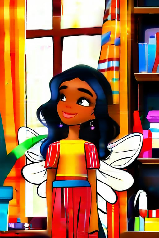 girl in house, dark skin, light hair, disney, cartoon, angelic angel