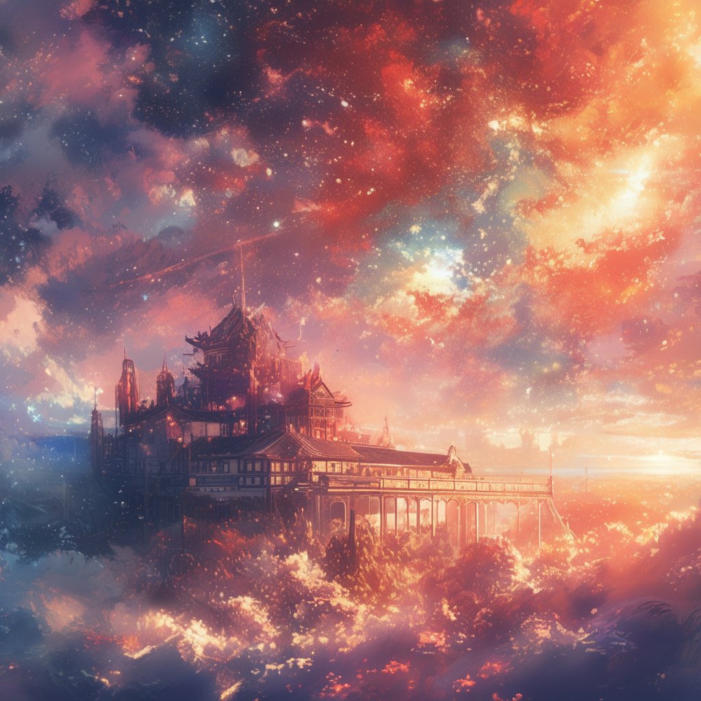 Image of great palace between majestic mountains, masterpiece, space effect, Ink art style,noc-space,Anime Style.