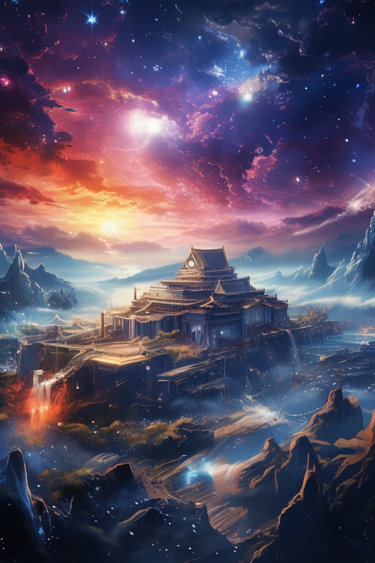 Image of great palace between majestic mountains, masterpiece, space effect, Ink art style