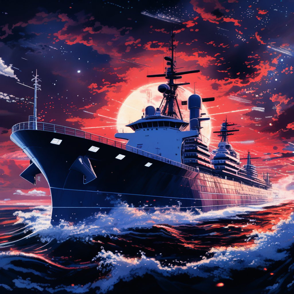 Illustration, vivid, colorful, Japanese Navy aircraft carrier Akagi, sailing through stormy seas, Makoto Shinkai style, amazing detail, fantastic, mysterious, detailed background, it can't be ordinary, it must be highly complex in structure, it must have a high degree of randomness, it must be an image that nobody has seen before, it must be highly original,space background, noc-space