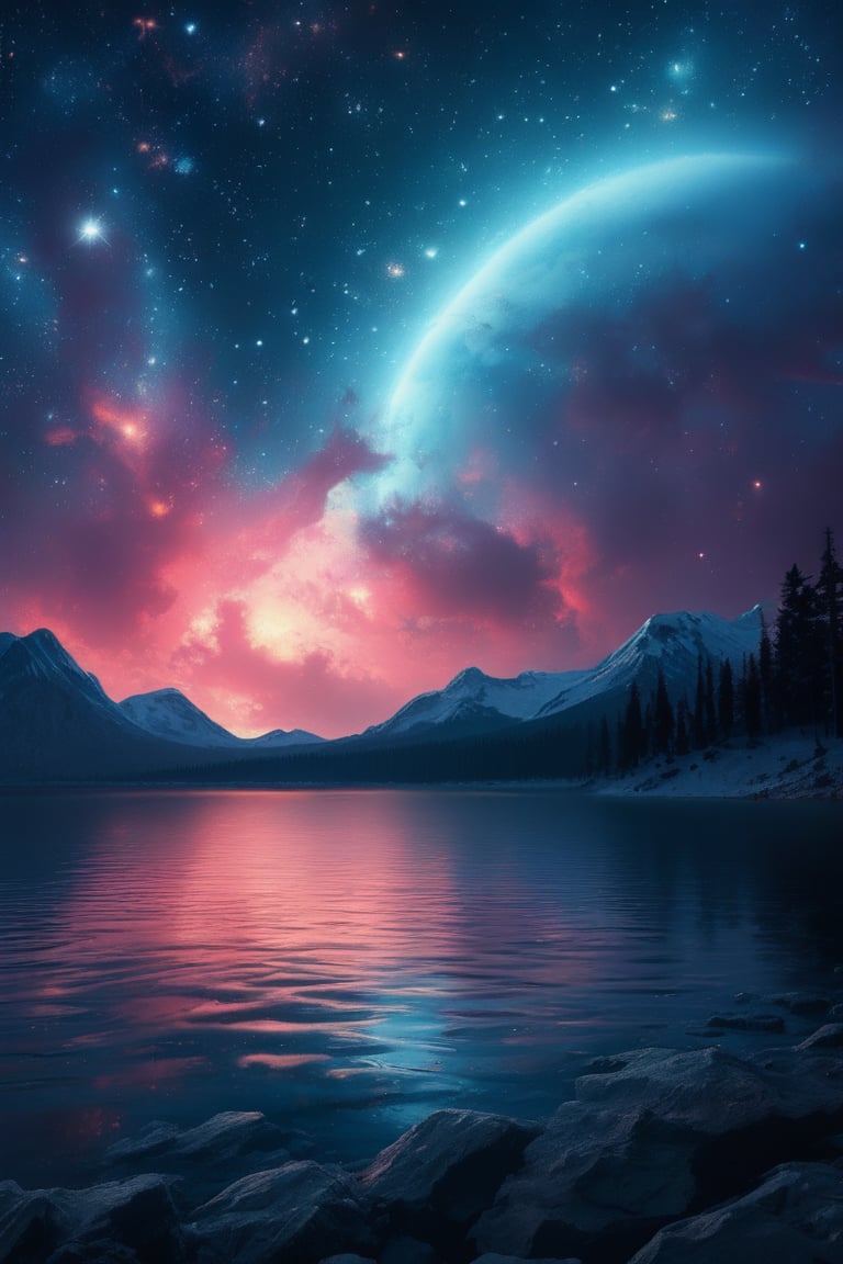 masterpiece, best quality, aesthetic, moonlit lakes, auroras,noc-space